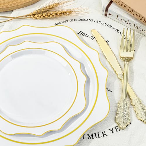 350 PCS Gold Plastic Plates with Cups, Silverware and Napkins for Party L8169