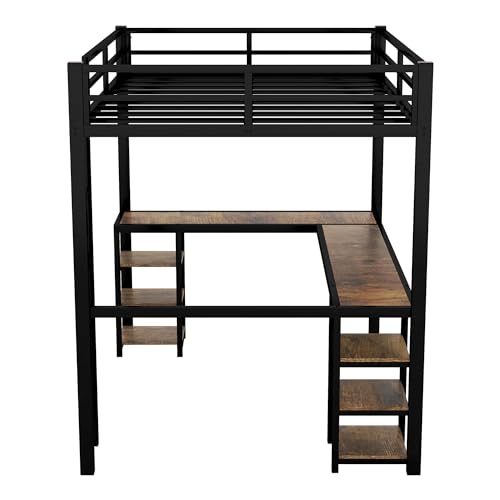 Full Size Loft Bed with Wardrobe and L-Shaped Desk, Metal with Storage Cubes, White Q15057