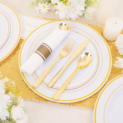 350PCS Clear Gold Plastic Dinnerware Set for 50 Guests, Disposable Plates, Cups & Silverware N692