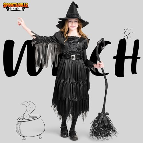 Kids Witch Costume with Broom and Hat, Halloween Party Dress, XL R9875