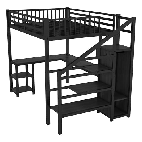 Full Size Metal Loft Bed with L-Shaped Desk and USB Port, Heavy Duty Frame with Wardrobe and Shelf I76318