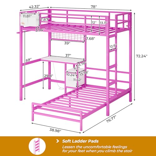 Twin Over Twin Bunk Bed with Desk, Charging Station and LED Lights F705929