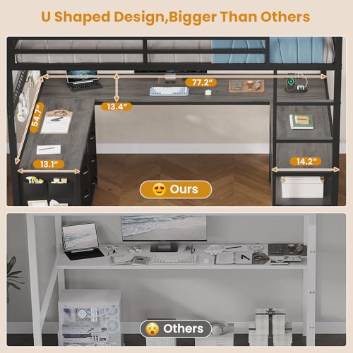 Loft Bed Full Size with U-Shaped Desk, Storage Drawers, Power Outlet, LED, Safety Guardrail & Ladders P611917