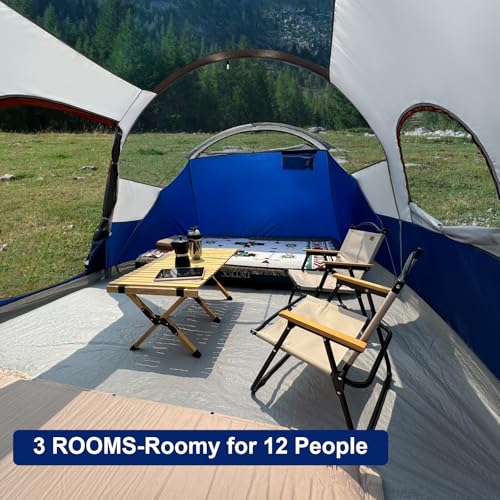 12-Person Camping Tent, 3 Room Family Tent, Waterproof Windproof with Carry Bag Q601154