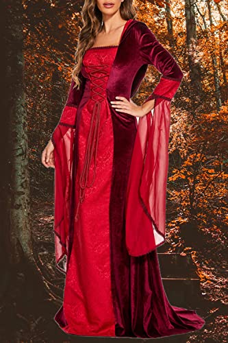 Medieval Victorian Dress for Women, Vintage Witch Halloween Costume with Hood W9109