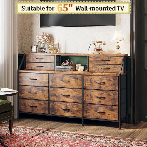 55" Dresser with 13 Fabric Drawers and 2 Open Shelves, Rustic Brown K688