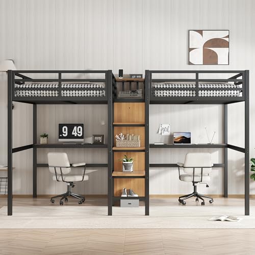 Metal Loft Bed with Wardrobe and L-Shaped Desk, Full Size with Storage Cubes and Shelves J450846