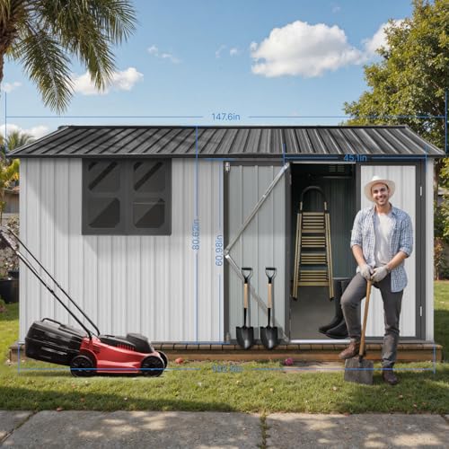 10 x 8 ft Outdoor Storage Shed, Metal Building with Windows and Lockable Doors, Grey Q206