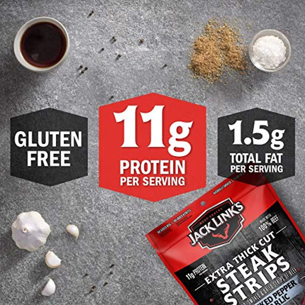 Beef Jerky Snack Bags, Cracked Pepper & Garlic, Thick Cut, 11g Protein, 8 oz (Pack of 2) I1789