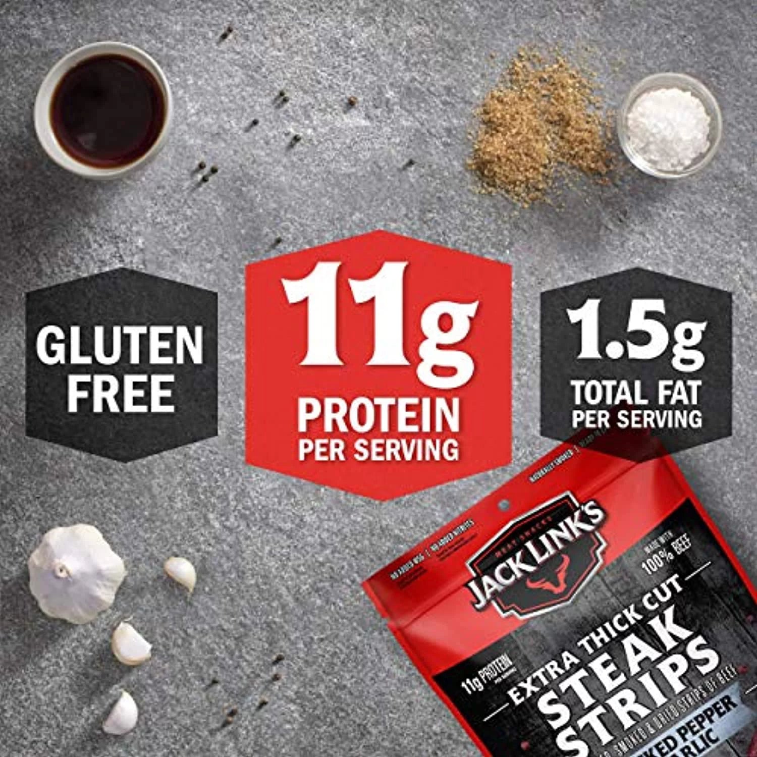 Beef Jerky Snack Bags, Cracked Pepper & Garlic, Thick Cut, 11g Protein, 8 oz (Pack of 2) I1789