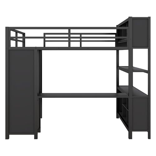 Metal Loft Bed with Wardrobe and L-Shaped Desk, Full Size with Storage Cubes and Shelves J450846