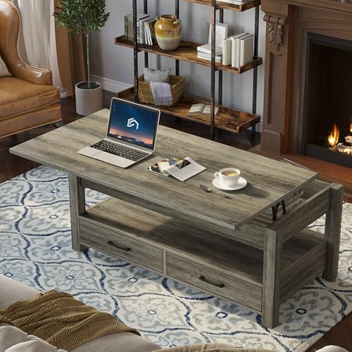 Lift Top Coffee Table with Drawers and Hidden Compartment, Wooden Retro Design for Living Room N4328