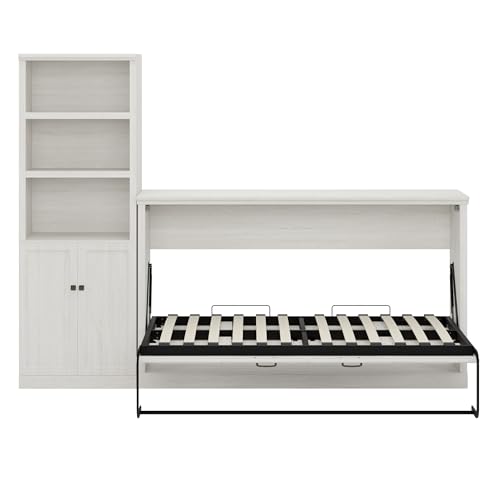 Twin Murphy Bed with Side Cabinets and Bookcase, Foldable Wall Bed for Guest Room, White X864