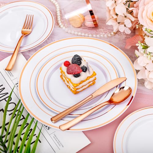 350PCS Clear Gold Plastic Dinnerware Set for 50 Guests, Disposable Plates, Cups & Silverware N692