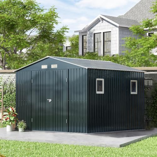 Outdoor Storage Shed 10 x 12 ft Metal Garden Utility with Lockable Doors U582216