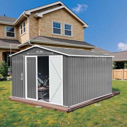 Outdoor Storage Shed, Metal Garden Tool Shed with Lockable Doors, Grey H911924
