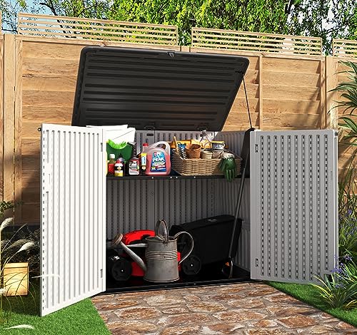 Horizontal Outdoor Storage Shed, 47 Cu.ft Resin Waterproof Cabinet for Garden Patio Backyards F5157