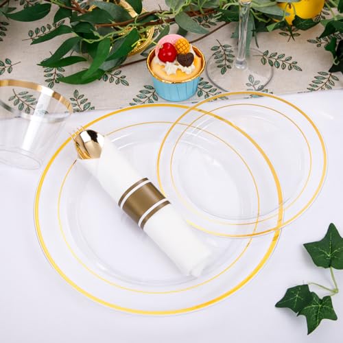 350PCS Clear Gold Plastic Dinnerware Set for 50 Guests, Disposable Plates, Cups & Silverware N692