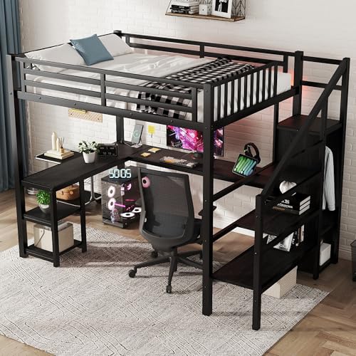 Full Size Metal Loft Bed with L-Shaped Desk and USB Port, Heavy Duty Frame with Wardrobe and Shelf I76318