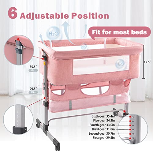 Baby Bassinet Bedside Sleeper with Storage Basket, Easy Folding, Adjustable, Pink D26019