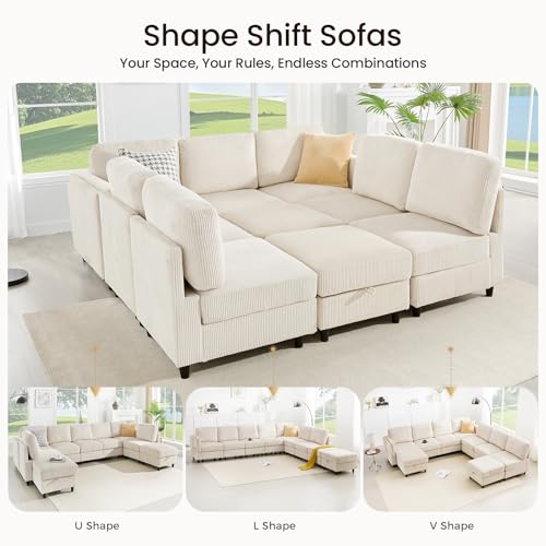 Modular Sectional Sofa Bed with Storage Ottoman, Beige S706