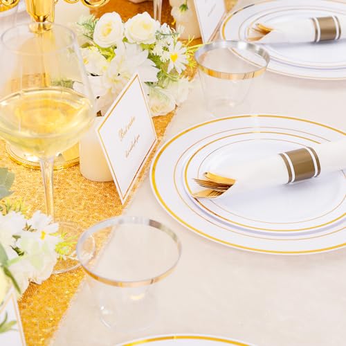 350PCS Clear Gold Plastic Dinnerware Set for 50 Guests, Disposable Plates, Cups & Silverware N692