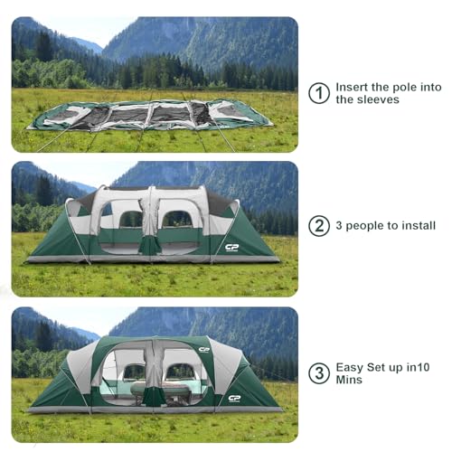 12-Person Camping Tent, 3 Room Family Tent, Waterproof Windproof with Carry Bag Q601154
