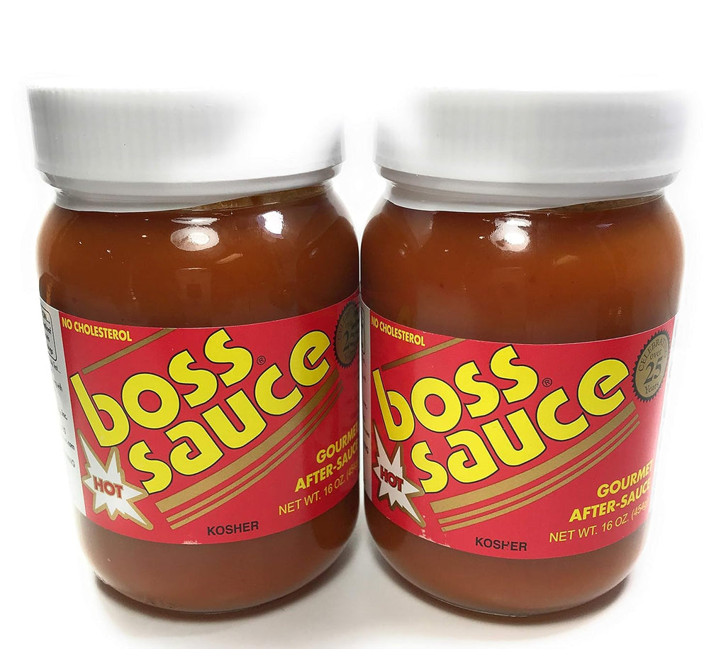 Boss Sauce HOT Gourmet After-Sauce 2 PACK 16 Oz. Hot Sauce, All-Natural, Kosher Fish Sauce, BBQ Sauce, Chicken Wings, Wing Sauce, meat sauce, simmer sauce, chicken sauce