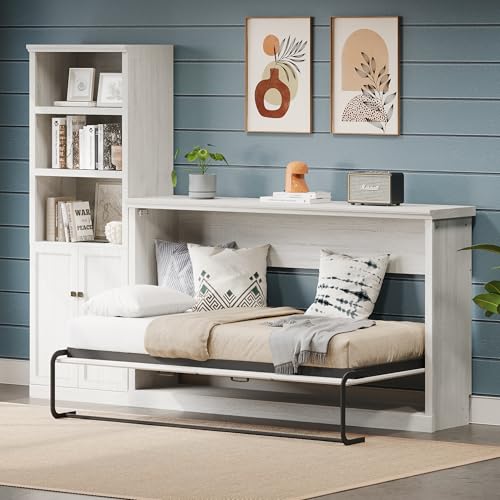 Twin Murphy Bed with Side Cabinets and Bookcase, Foldable Wall Bed for Guest Room, White X864