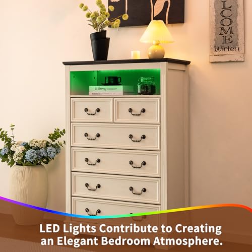 6-Drawer Dresser with Charging Station and LED Light, Vintage Gray R907