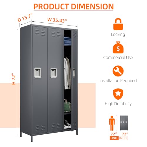 6 Door Metal Storage Locker with 18 Hooks, Black & Dark Grey K6611