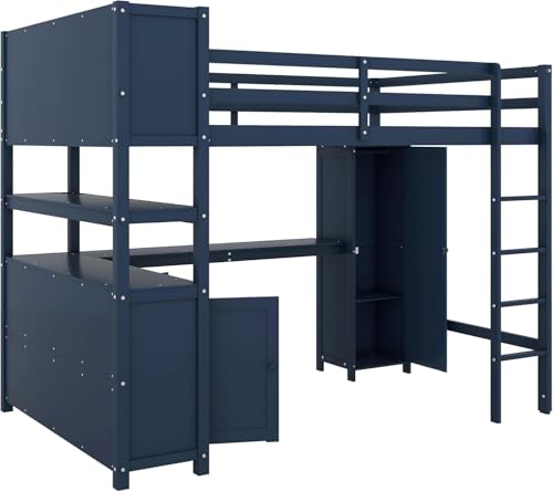 Full Size Loft Bed with Wardrobe and L-Shaped Desk, Metal with Storage Cubes, White Q15057