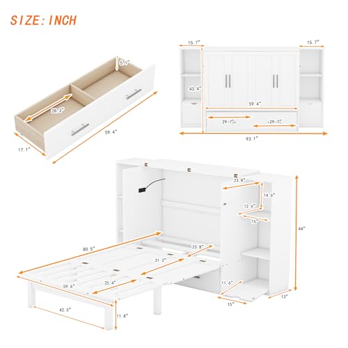 Queen Size Murphy Wall Bed with Storage and Bookcase Headboard J770