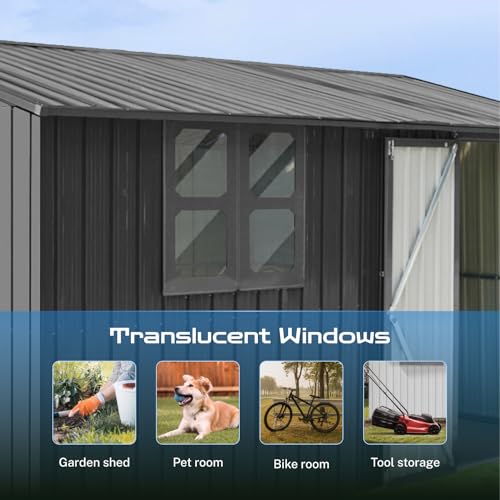 10 x 8 ft Outdoor Storage Shed, Metal Building with Windows and Lockable Doors, Grey Q206