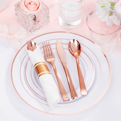 350PCS Clear Gold Plastic Dinnerware Set for 50 Guests, Disposable Plates, Cups & Silverware N692