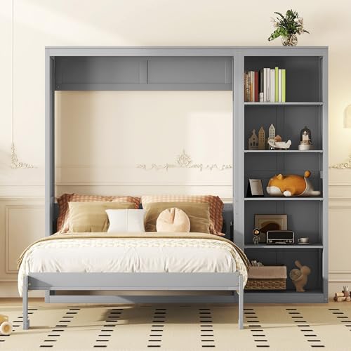 Queen Murphy Bed with Storage Bookcase Shelves, Wood Folding Grey Wall Bed Cabinet I26548