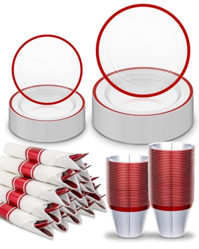 Disposable Plates Set for 50 Guests, Plastic Dinnerware with Cups and Napkins J193