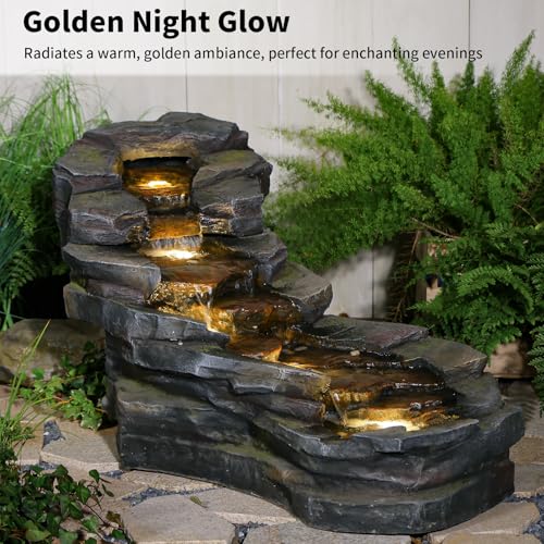 37" Outdoor Garden Water Fountain, 5-Tier Rock Waterfall with LED Lights H197