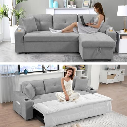 Reversible Sectional Sofa Bed with Storage Chaise, Linen Fabric, Light Gray B49418