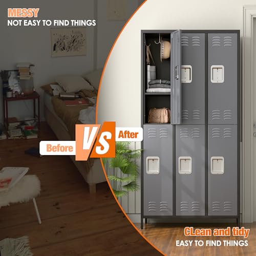 6 Door Metal Storage Locker with 18 Hooks, Black & Dark Grey K6611