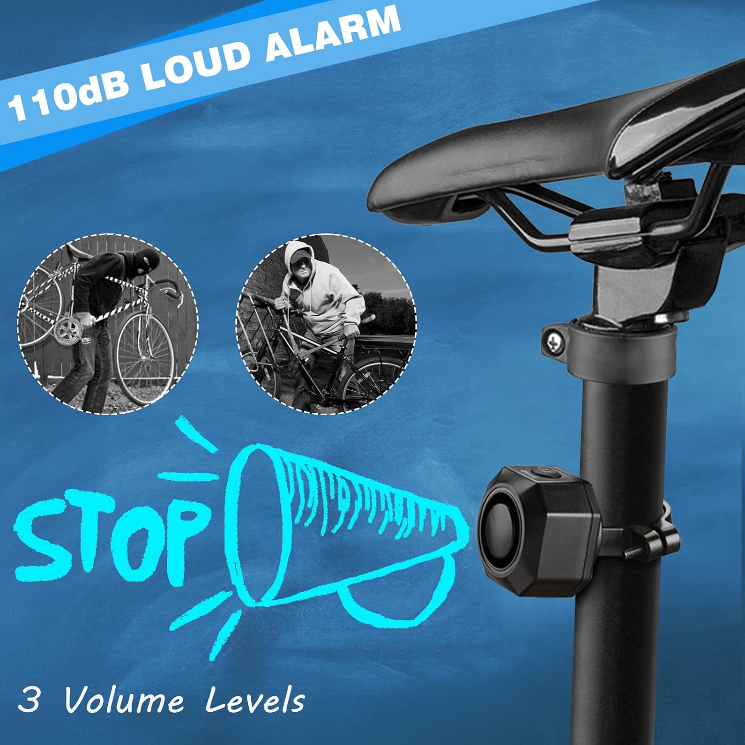 USB Rechargeable Bike Alarm with Remote, 110dB Wireless Anti Theft Vibration Sensor M689445