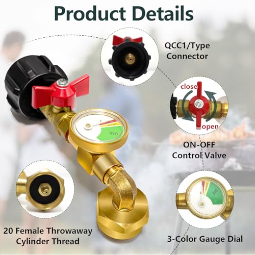 Propane Refill Adapter for 1 lb Tanks with Gauge Valve, Solid Brass O85416