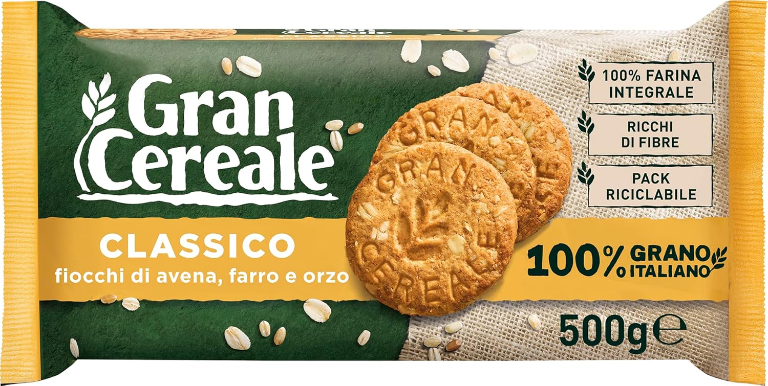 Mulino Bianco: "Gran Cereale Classico" ("Cereals Cookies", Classic Taste), High in Fibers Biscuits 17.63 Ounces (500g) Package [ Italian Import ]
