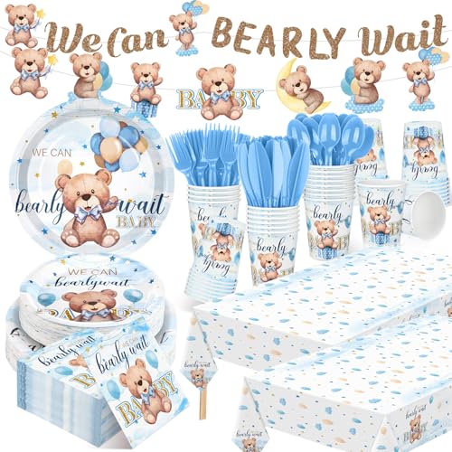 405 Pcs Baby Shower Tableware Set Blue Bear Plates Napkins Cups for 50 Guests U833