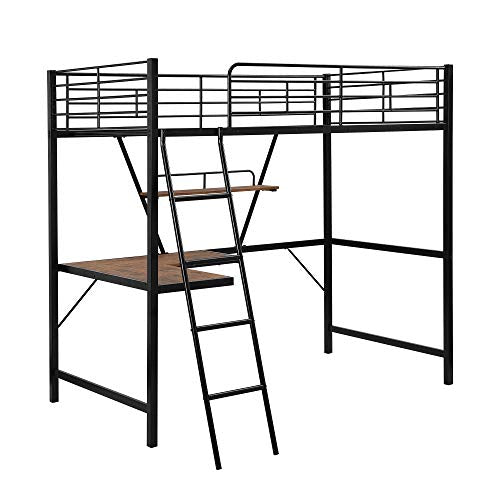 Full Loft Bed with Desk, Storage Shelves, and Wardrobe, Heavy-Duty Frame, Black K6320