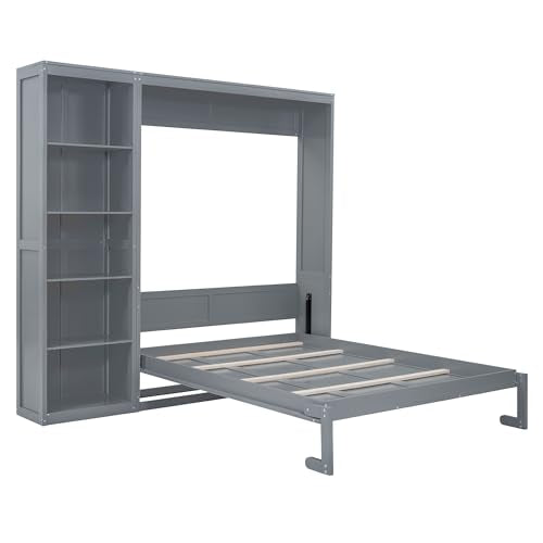 Queen Murphy Bed with Storage Bookcase Shelves, Wood Folding Grey Wall Bed Cabinet I26548