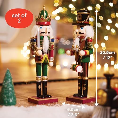 12 Inch Wooden Nutcracker Christmas Decor King & Soldier, Green, 2 Pack E8776