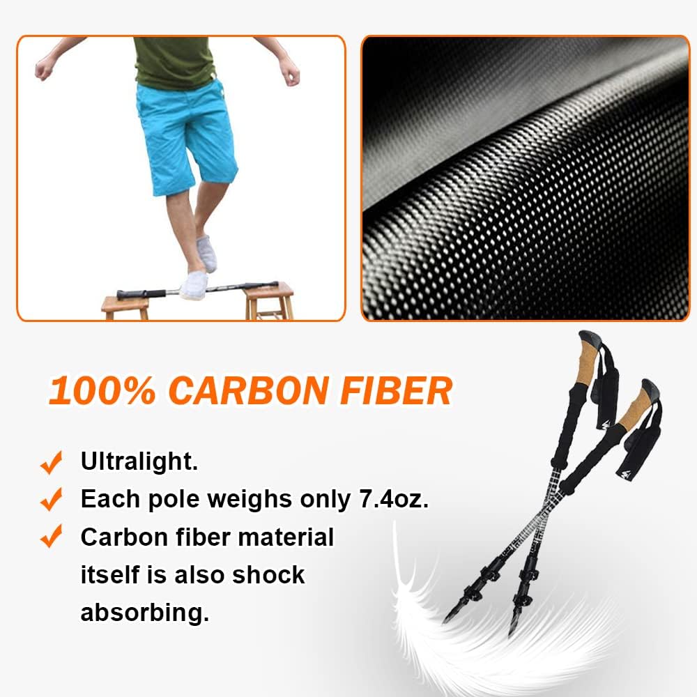 Carbon Fiber Trekking Poles with Cork Handle, Ultralight Telescopic, 53 Inch Z25625