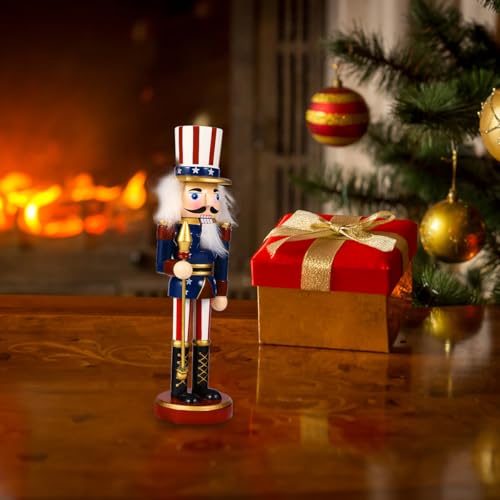 Patriotic Nutcracker Figurines Wooden Soldier Statue with Cane for Independence Day Decoration C859373
