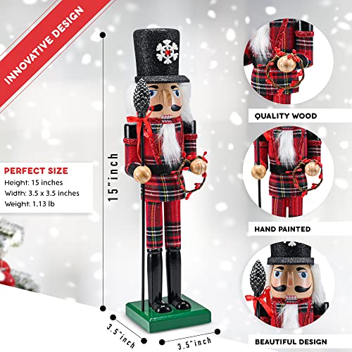 Christmas Buffalo Plaid Nutcracker Soldier with Acorn Staff, 15-Inch Wooden Holiday Decor X91654